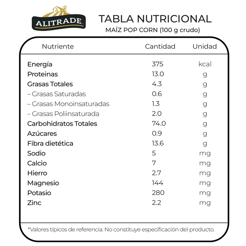 tabla nutricional maiz pop corn O maíz pop corn